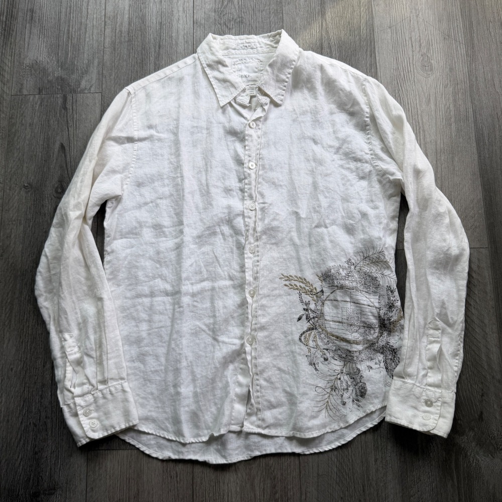 BKE Mens XL White Linen Slim Fit Button Shirt Crest Graphic Print Casual